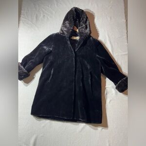 Nuage Mid Length Black Faux Sheared Beaver Hooded Coat Animal Print Trim